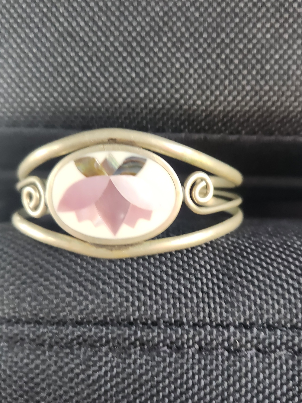 Vintage Silver Tone Cuff Bracelet with MOP and Abalone Floral Inlay